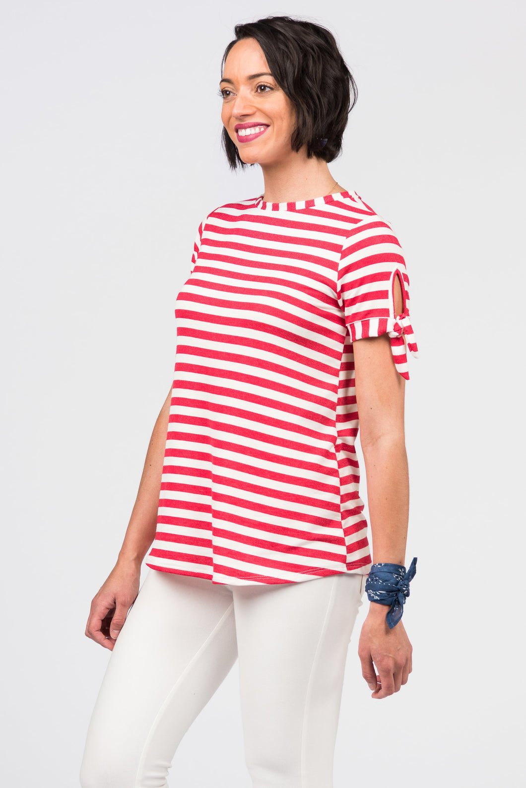 Tie Sleeve Top Ivory and Red Stripe